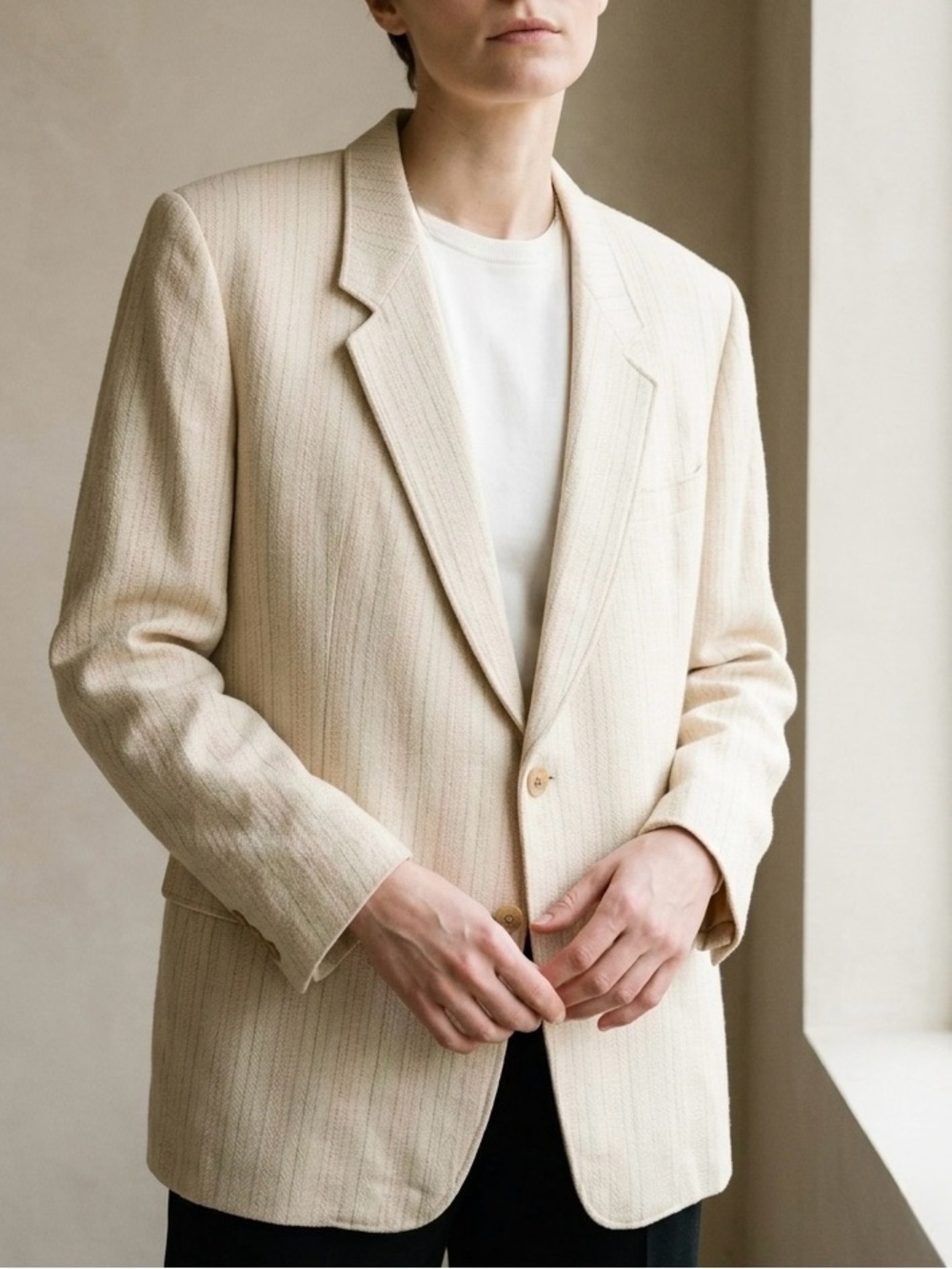 Vintage Pierre Cardin Silk Linen Pinstripe Blazer Jacket Size 46R Union Made 80s